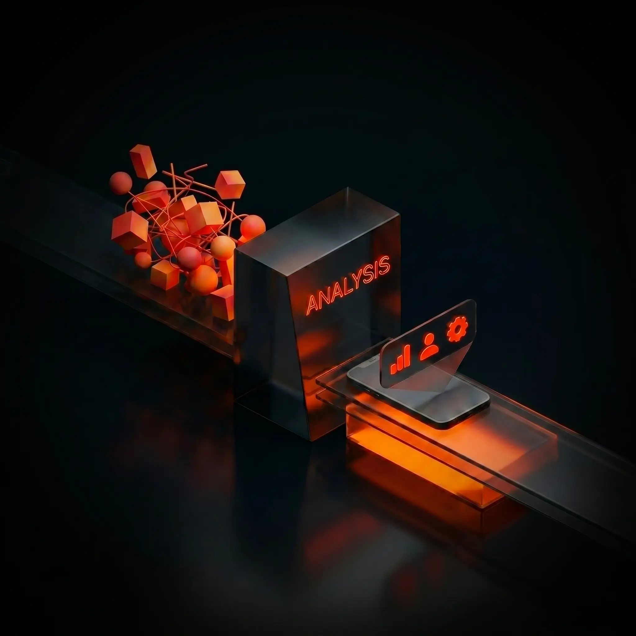 Dati disordinati fluiscono in un modulo di ANALISI, emergendo come metriche e insight chiari su un display luminoso.