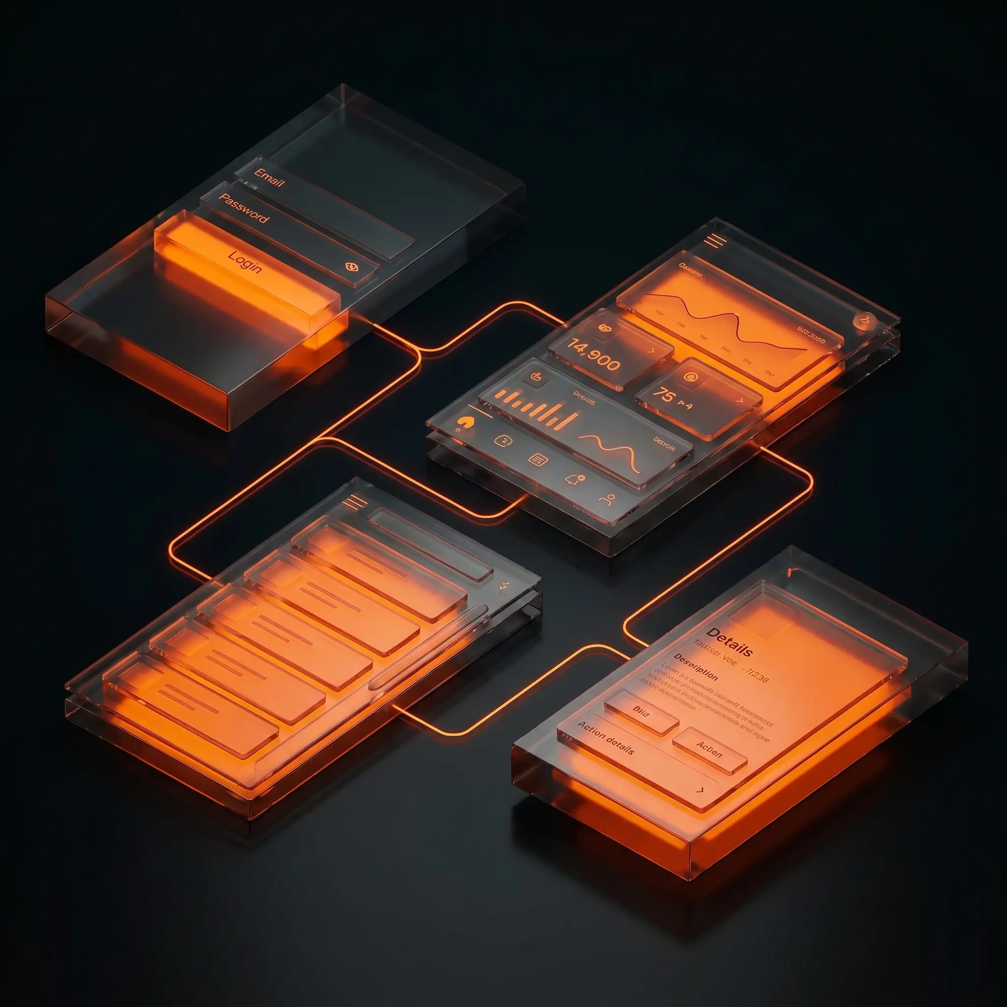 Design UI/UX futuristico: schermate trasparenti che si illuminano, collegate da linee luminose in un flusso digitale.