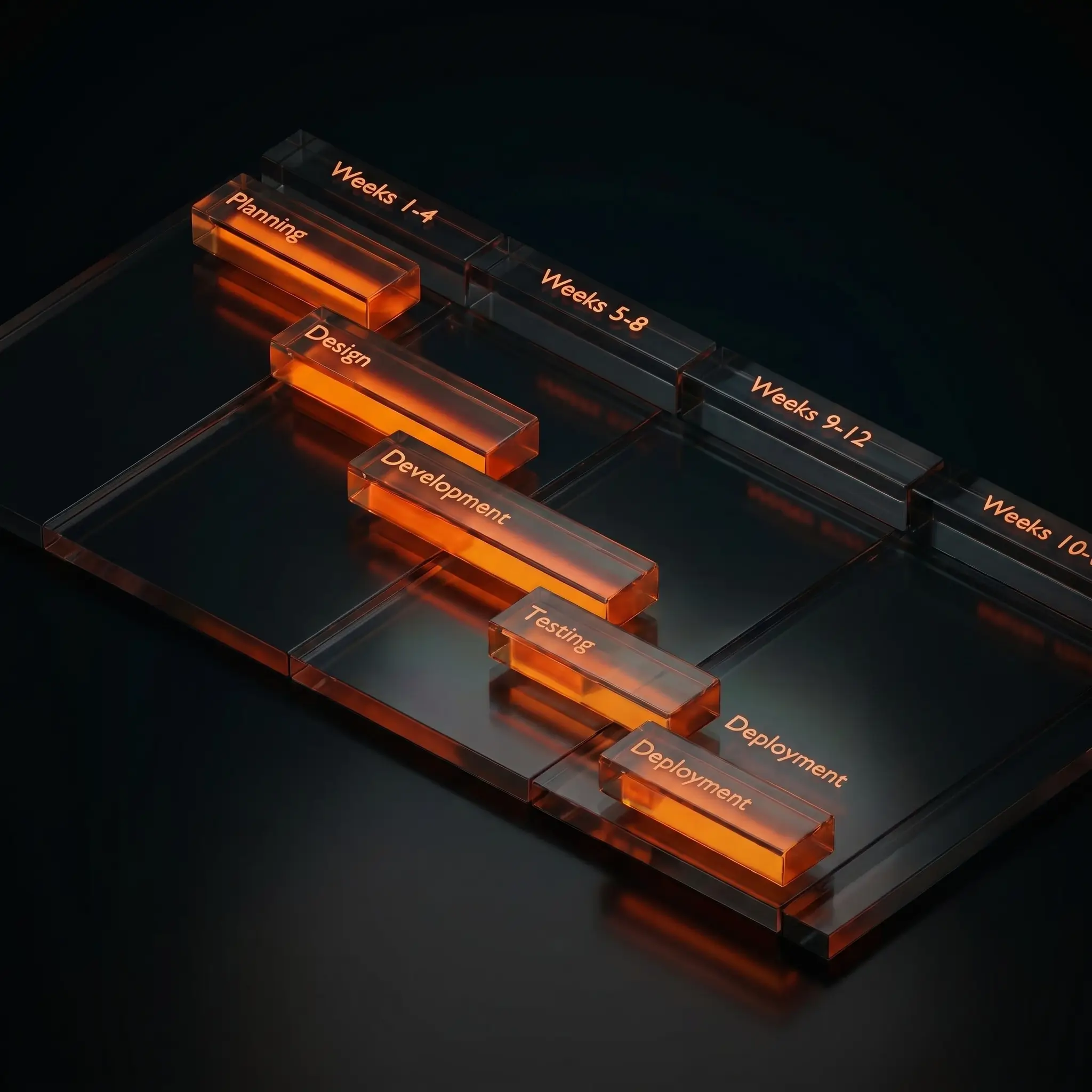 A sleek, illuminated project timeline with glowing orange text and bars on clear panels, detailing project phases.