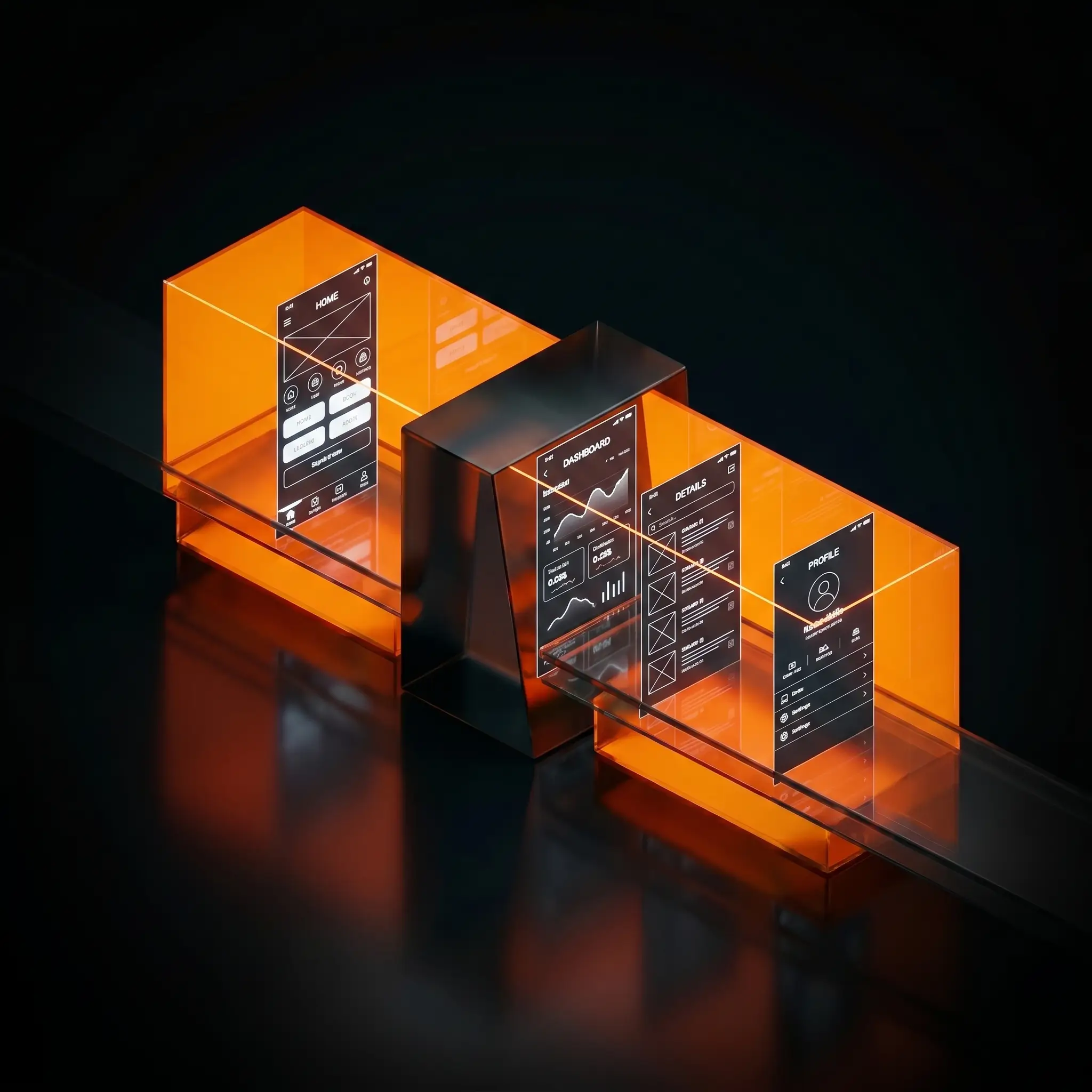 Design UI/UX futuristico: schermi di app mobili visualizzati in 3D con illuminazione arancione e trasparenze.