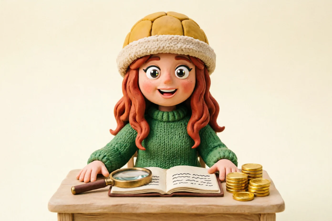 Illustrazione: una ragazza col cappellino a forma di guscio di tartaruga tiene un registro aperto, con una lente d'ingrandimento e alcune pile di monete sul tavolo