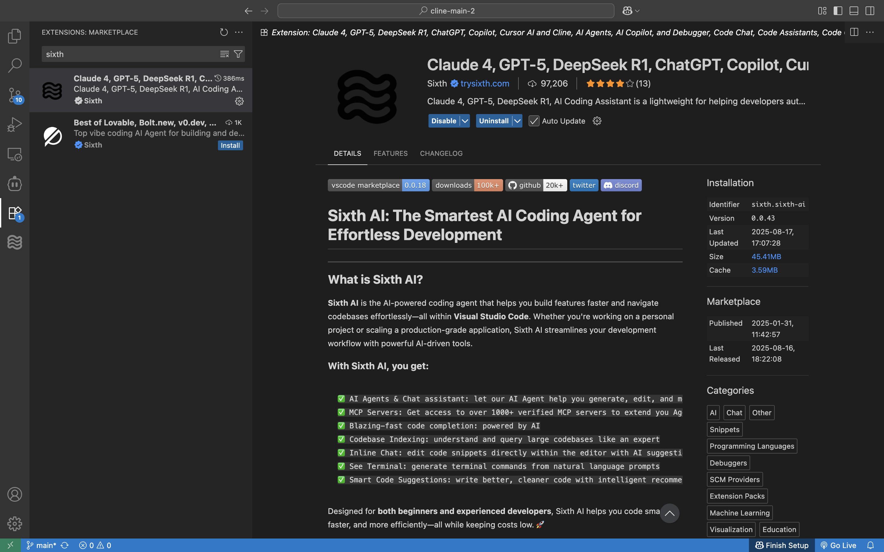 VS Code marketplace showing Sixth extension