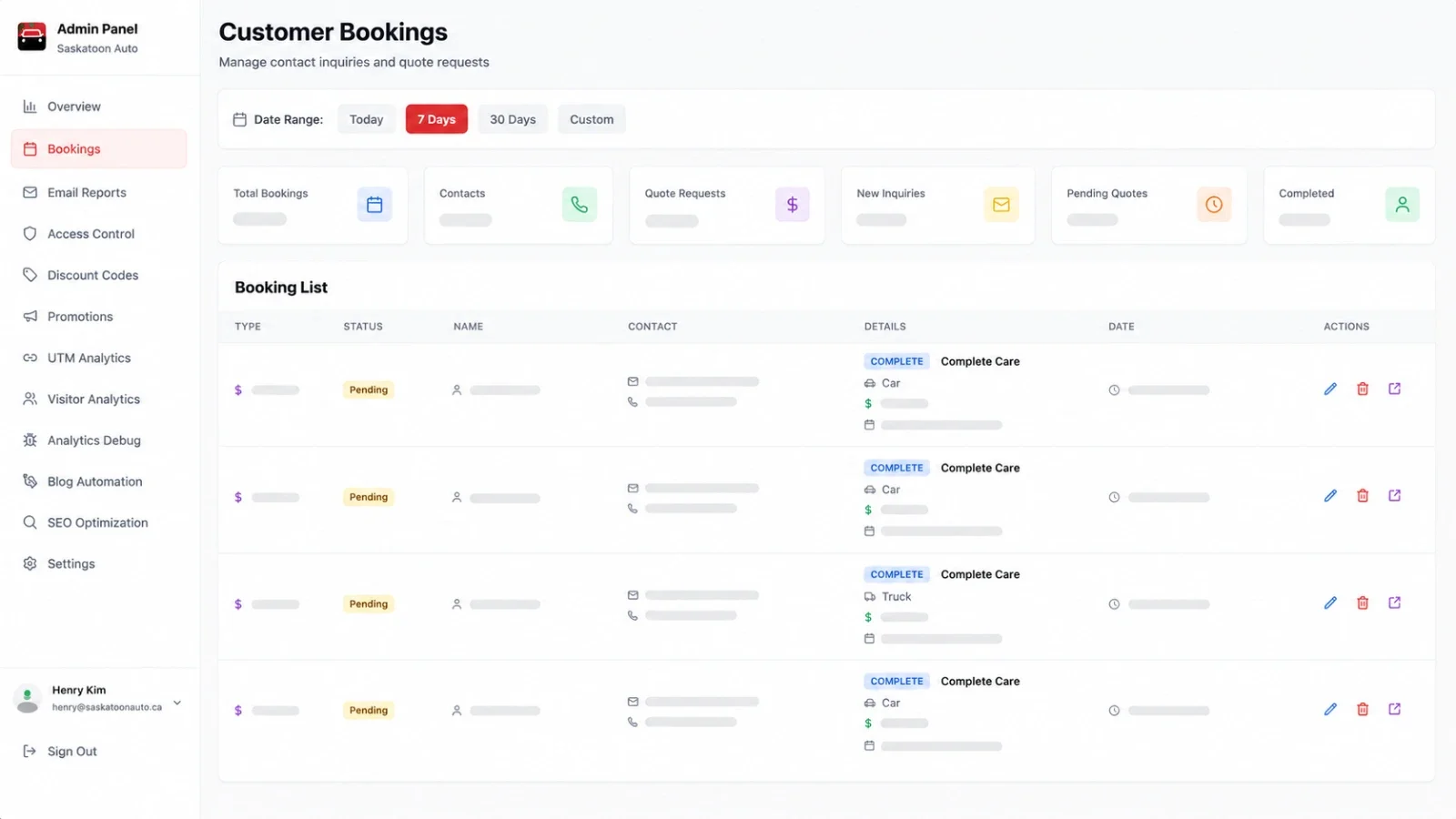Customer booking management system that centralizes inquiries, quote requests, pending quotes, completed bookings, contact details, and follow-up actions from the micro-site.
