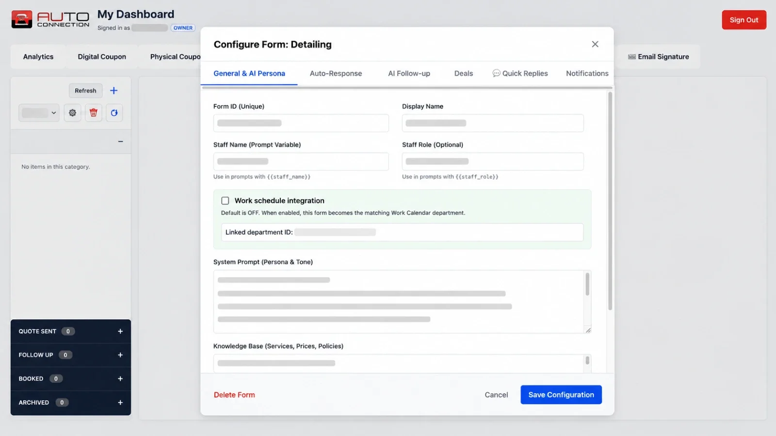AI booking form configuration panel that controls each service form’s persona, prompt, knowledge base, auto-response, follow-up, quick replies, and work schedule integration.