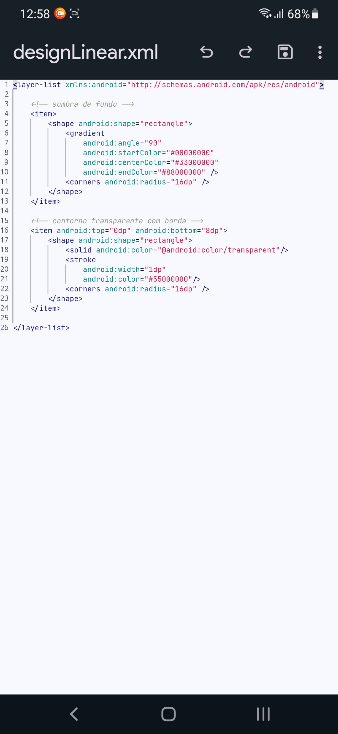 Linear Design Sombra, Radius, Background-color . Xml — captura de tela 1