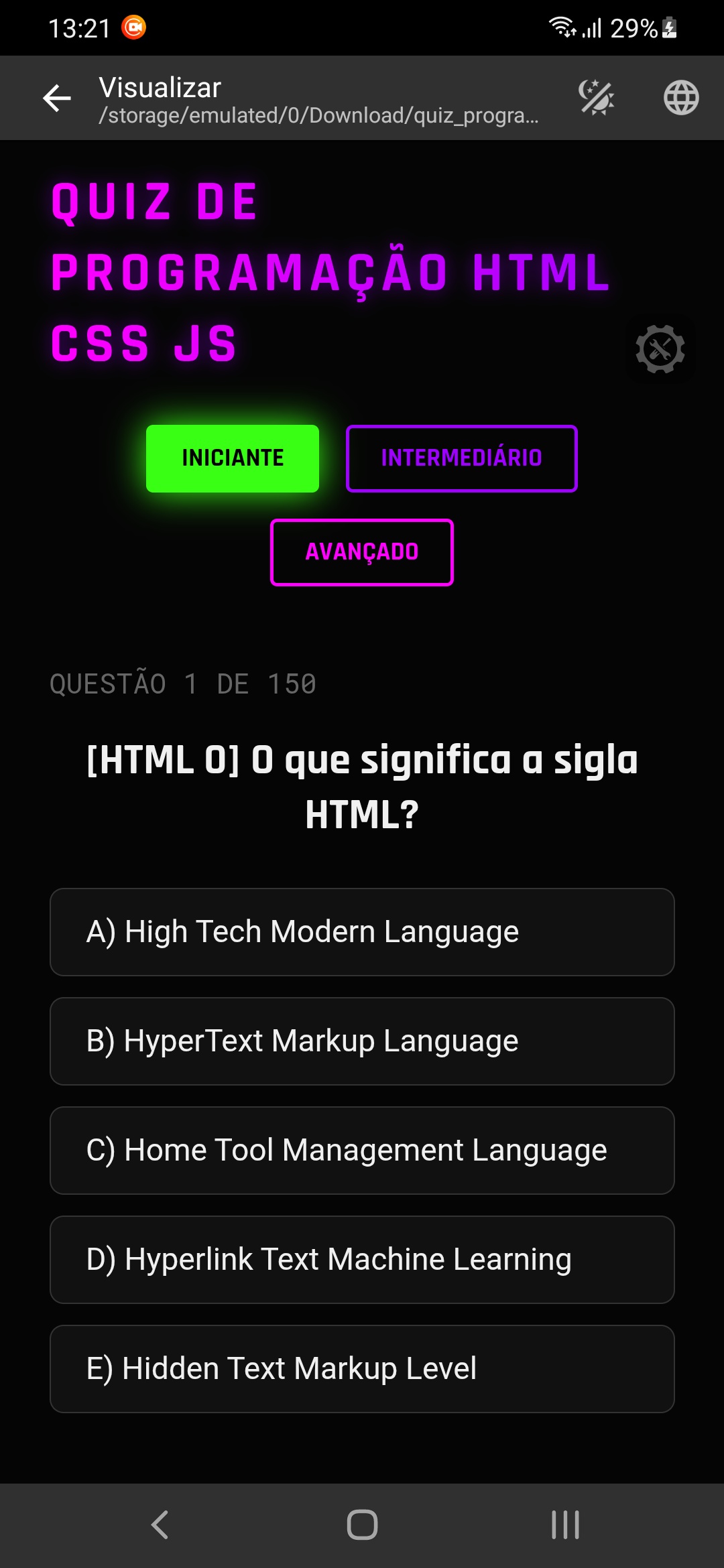Projeto Quiz de Programação Profissional (HTML, CSS, JS) + Código Grát — captura de tela 3