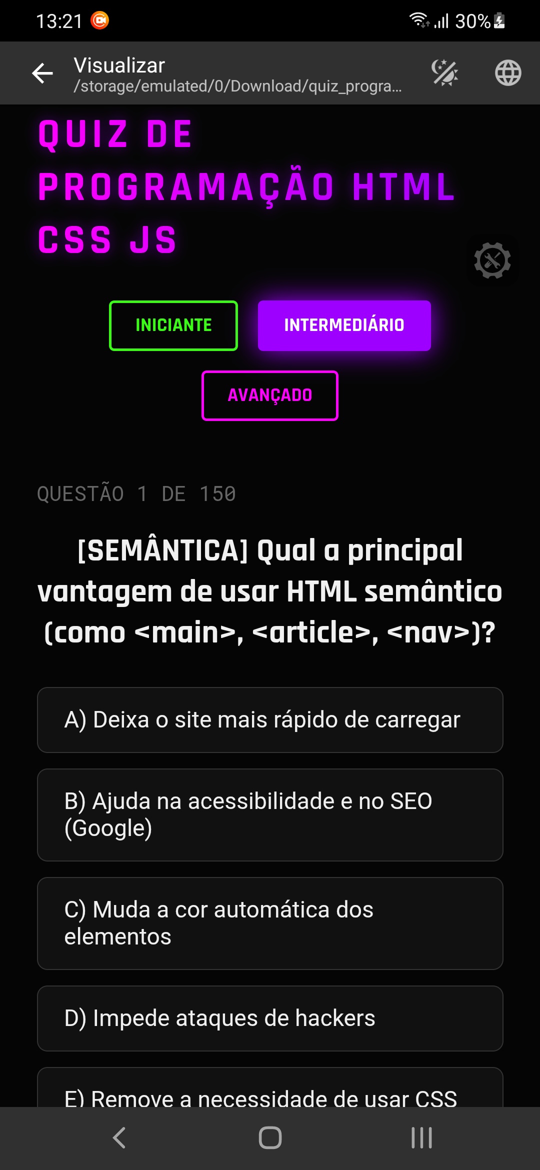 Projeto Quiz de Programação Profissional (HTML, CSS, JS) + Código Grát — captura de tela 2