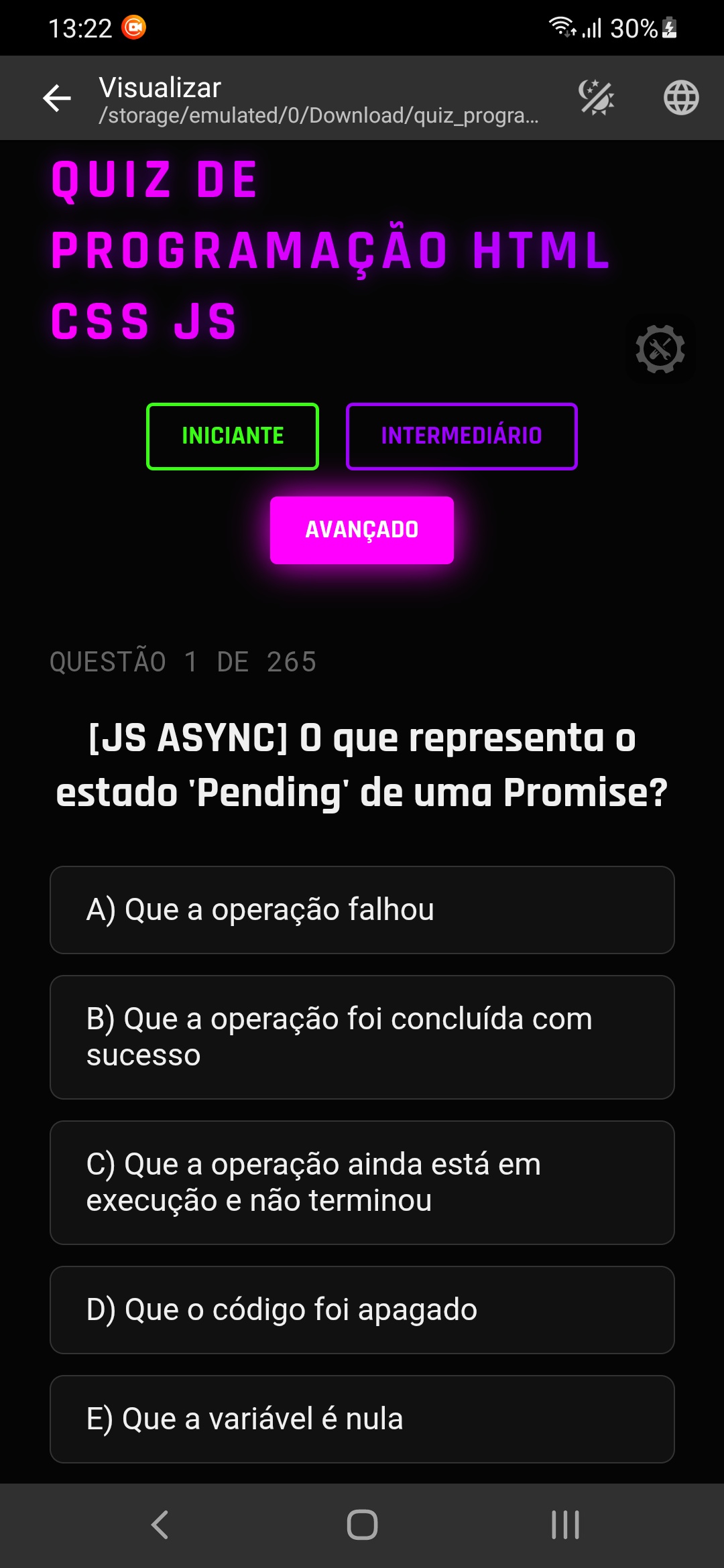 Projeto Quiz de Programação Profissional (HTML, CSS, JS) + Código Grát — captura de tela 1