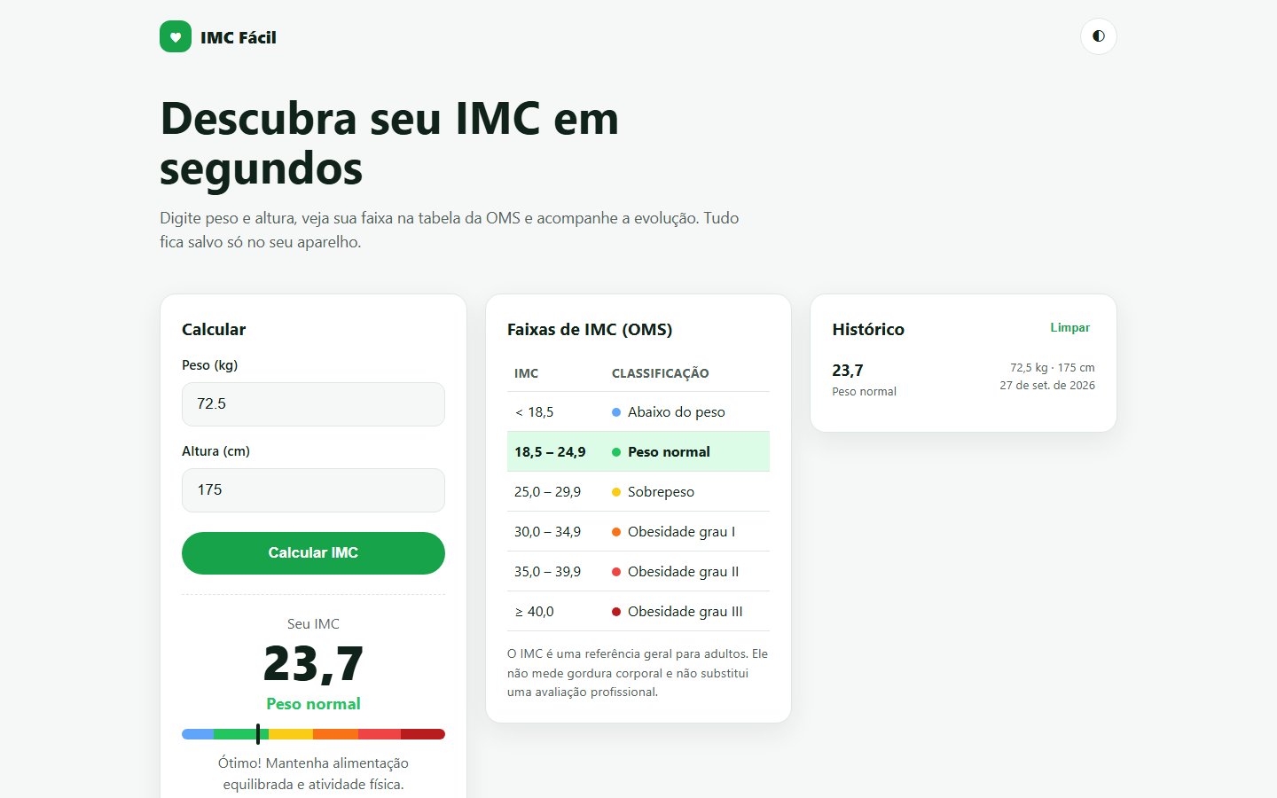 Calculadora de IMC — captura de tela 1