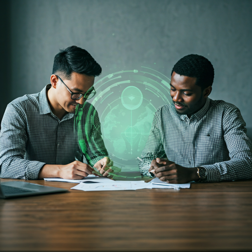 Diverse team collaborating with green tech overlay