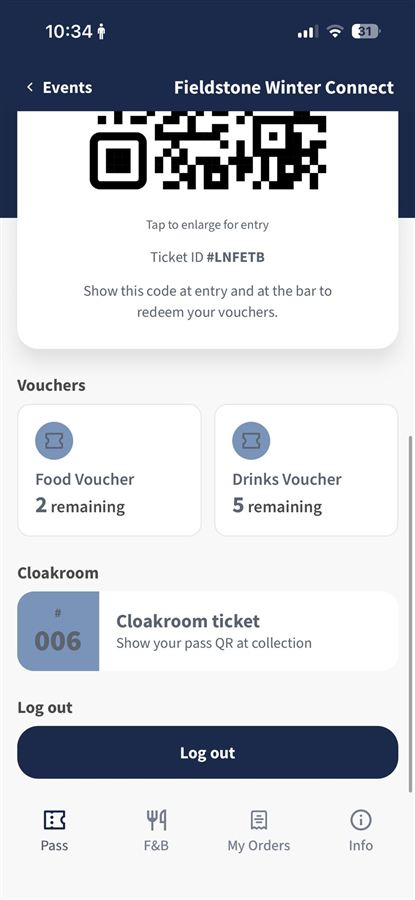 Event app showing a guest's QR pass, food and drink vouchers remaining and a cloakroom ticket