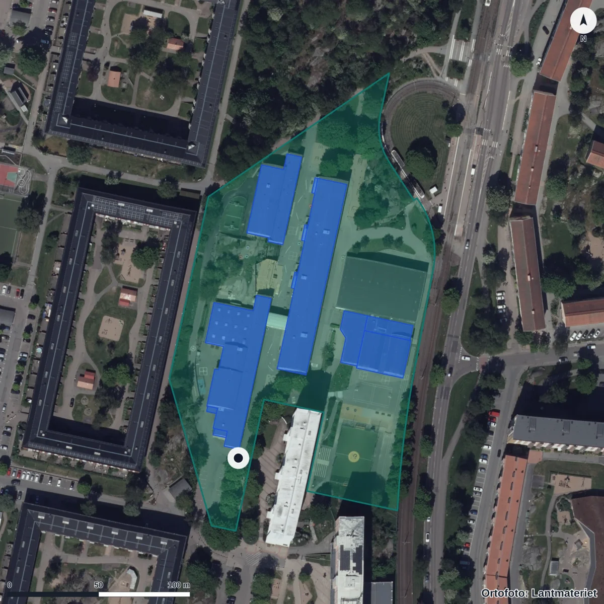 Aerial view of Sjumilaskolan, orthophoto from Lantmäteriet