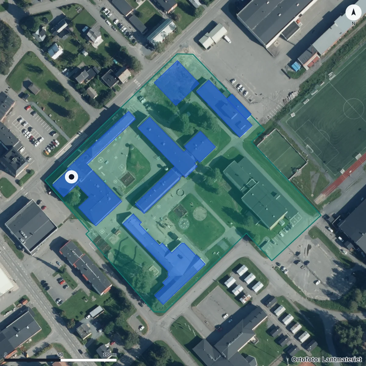 Aerial view of Nilaskolan, orthophoto from Lantmäteriet