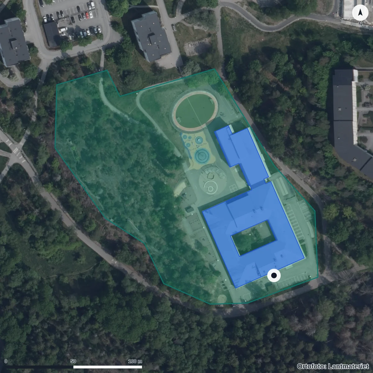 Flygbild över Resursskola Sjötorp, ortofoto från Lantmäteriet