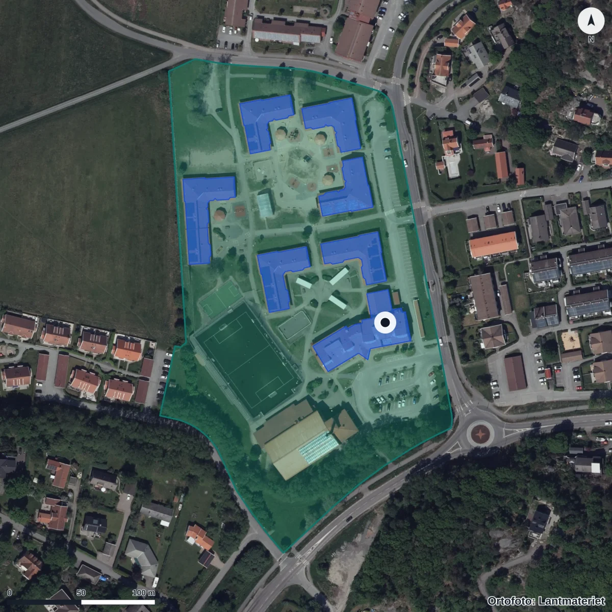 Aerial view of Kullaviksskolan, orthophoto from Lantmäteriet