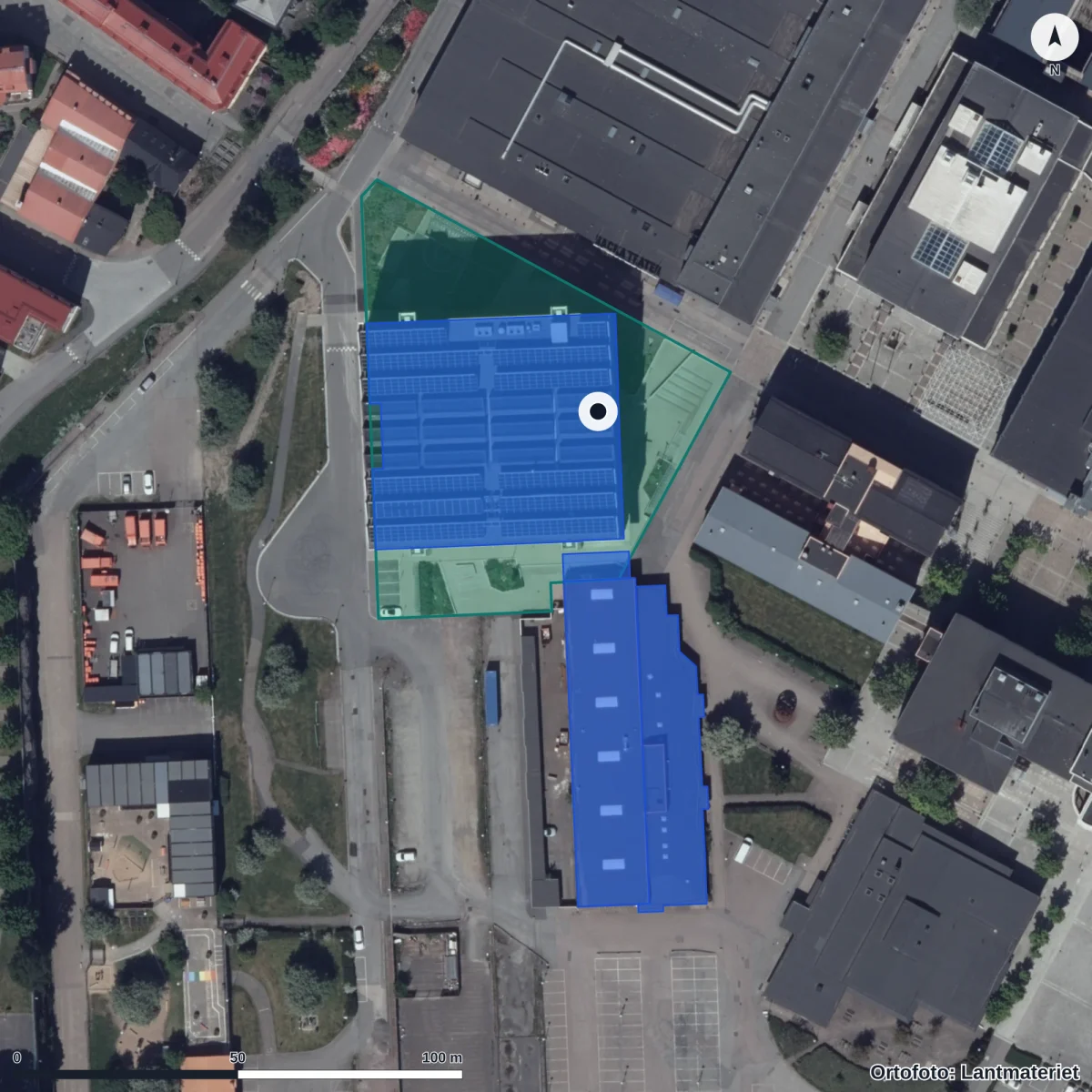 Flygbild över Lindholmens tekniska gymnasium, ortofoto från Lantmäteriet