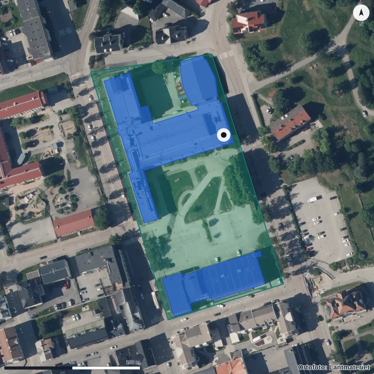 Aerial view of Örnsköldsviks Gymnasium, orthophoto from Lantmäteriet