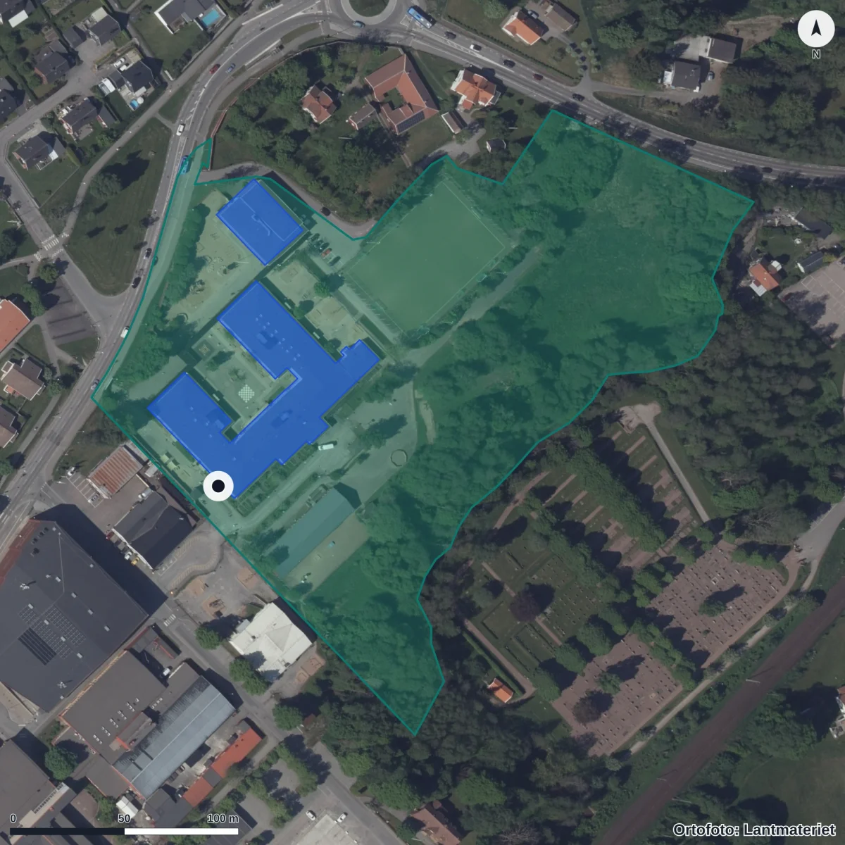 Flygbild över Knappekullaskolan, ortofoto från Lantmäteriet