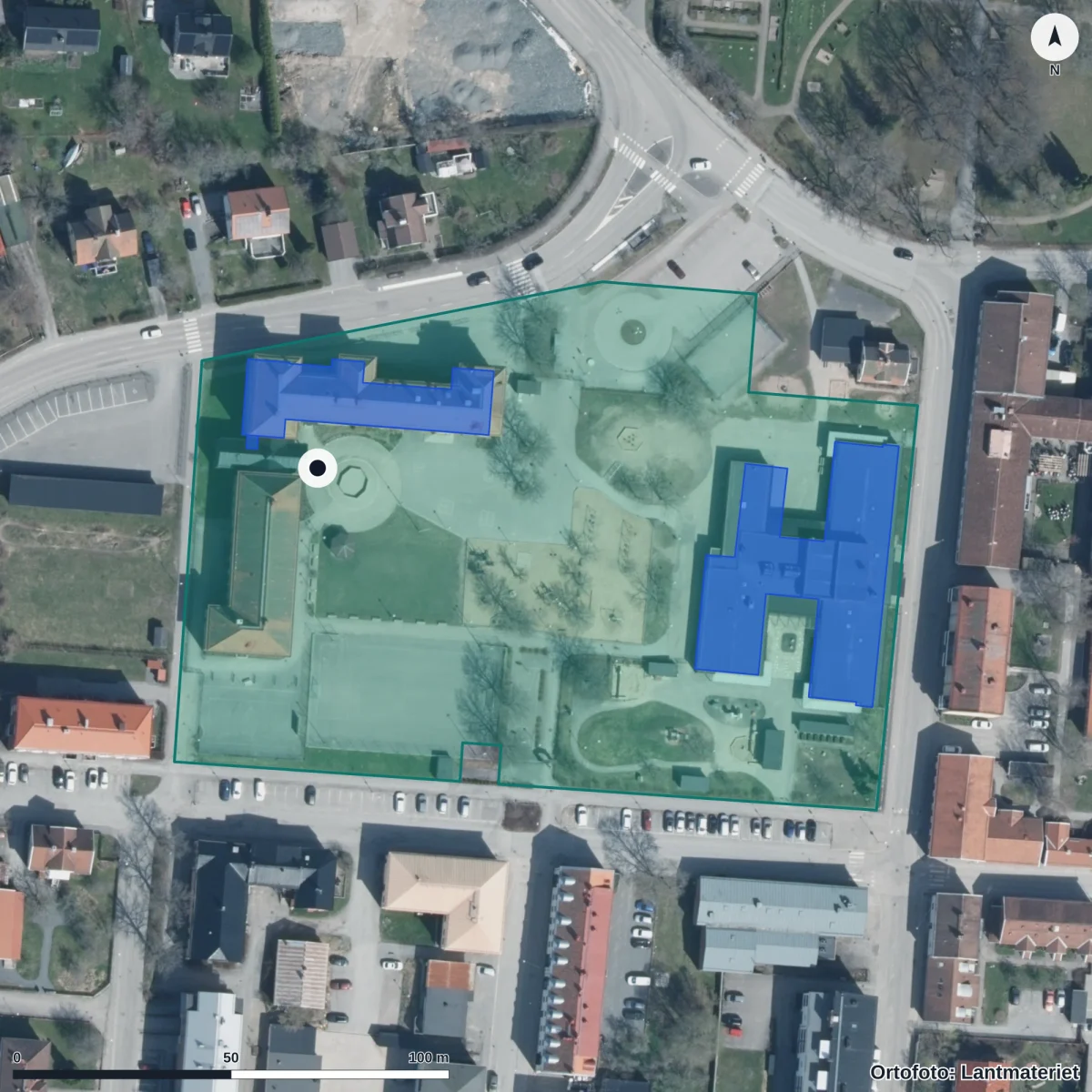 Flygbild över Järntorgskolan, ortofoto från Lantmäteriet