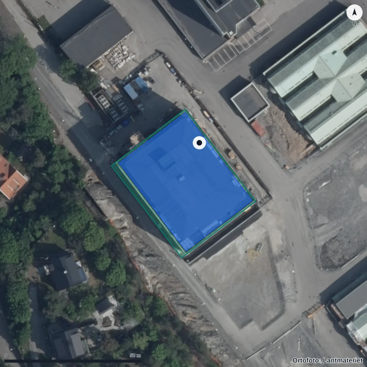 Flygbild över Slakthusområdets gymnasium, ortofoto från Lantmäteriet