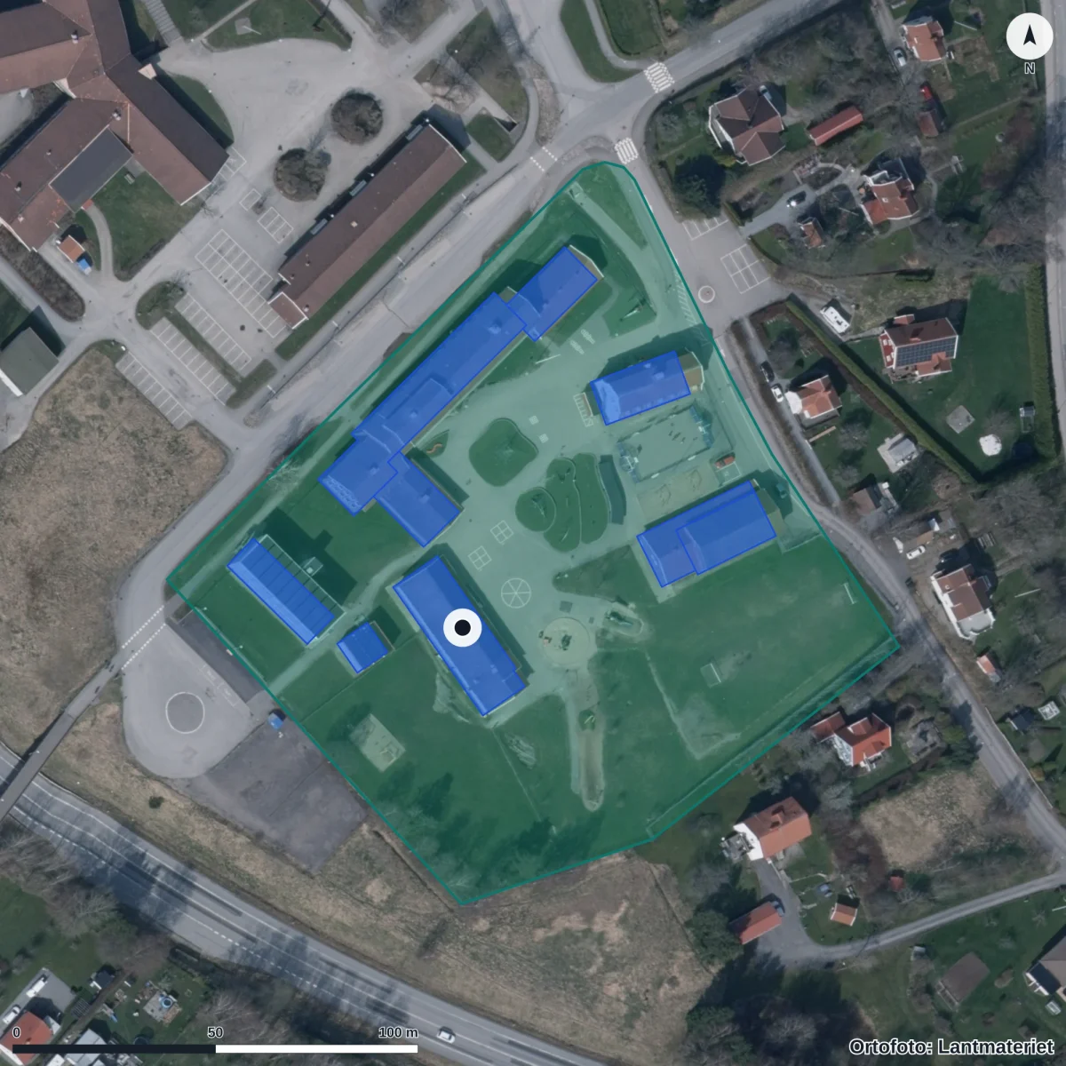 Aerial view of Munkedalsskolan, orthophoto from Lantmäteriet