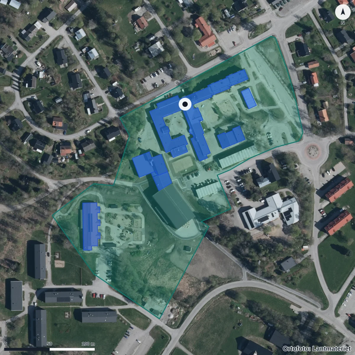 Flygbild över Bergsjö skola, ortofoto från Lantmäteriet