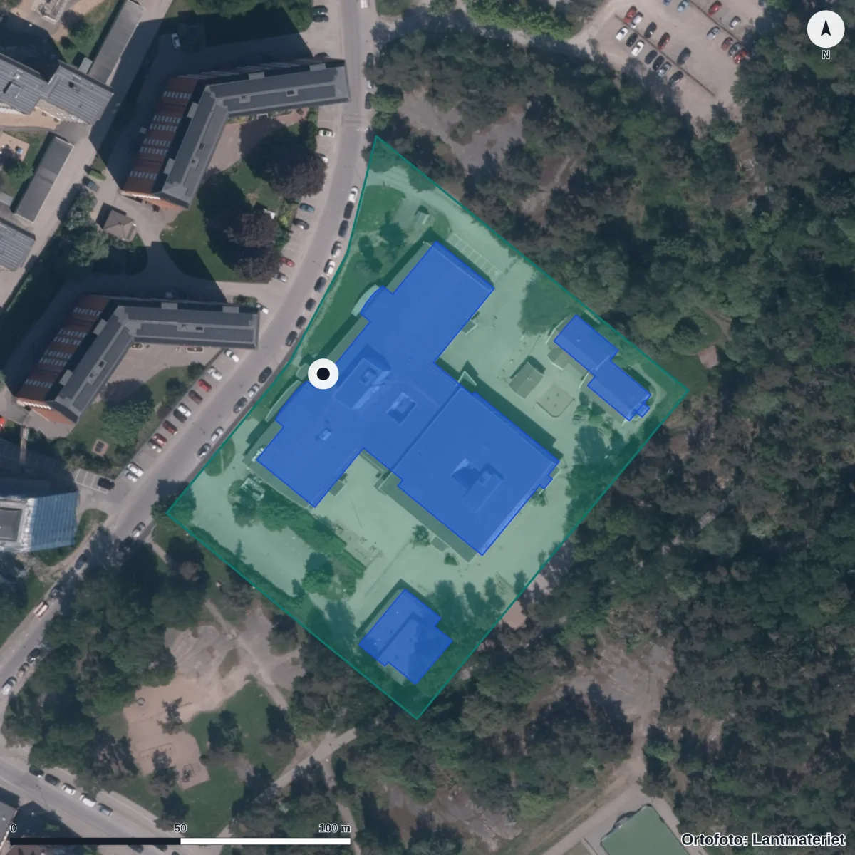 Flygbild över Hjortmosseskolan, ortofoto från Lantmäteriet