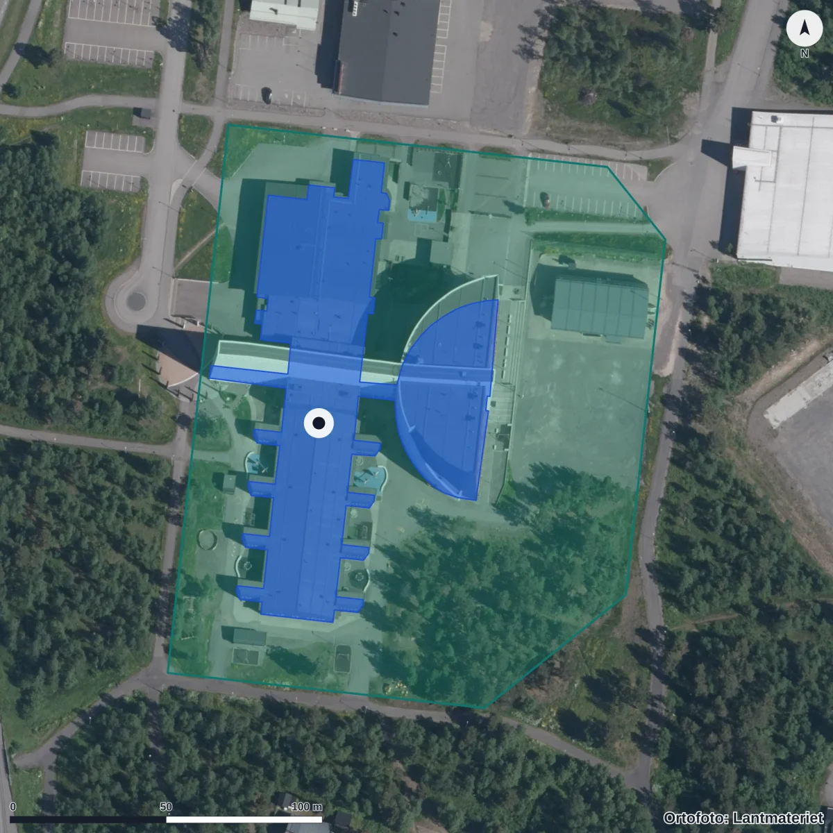 Flygbild över Nya Raketskolan, ortofoto från Lantmäteriet