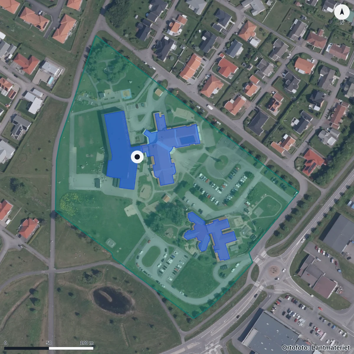 Flygbild över Vindängens skola, ortofoto från Lantmäteriet