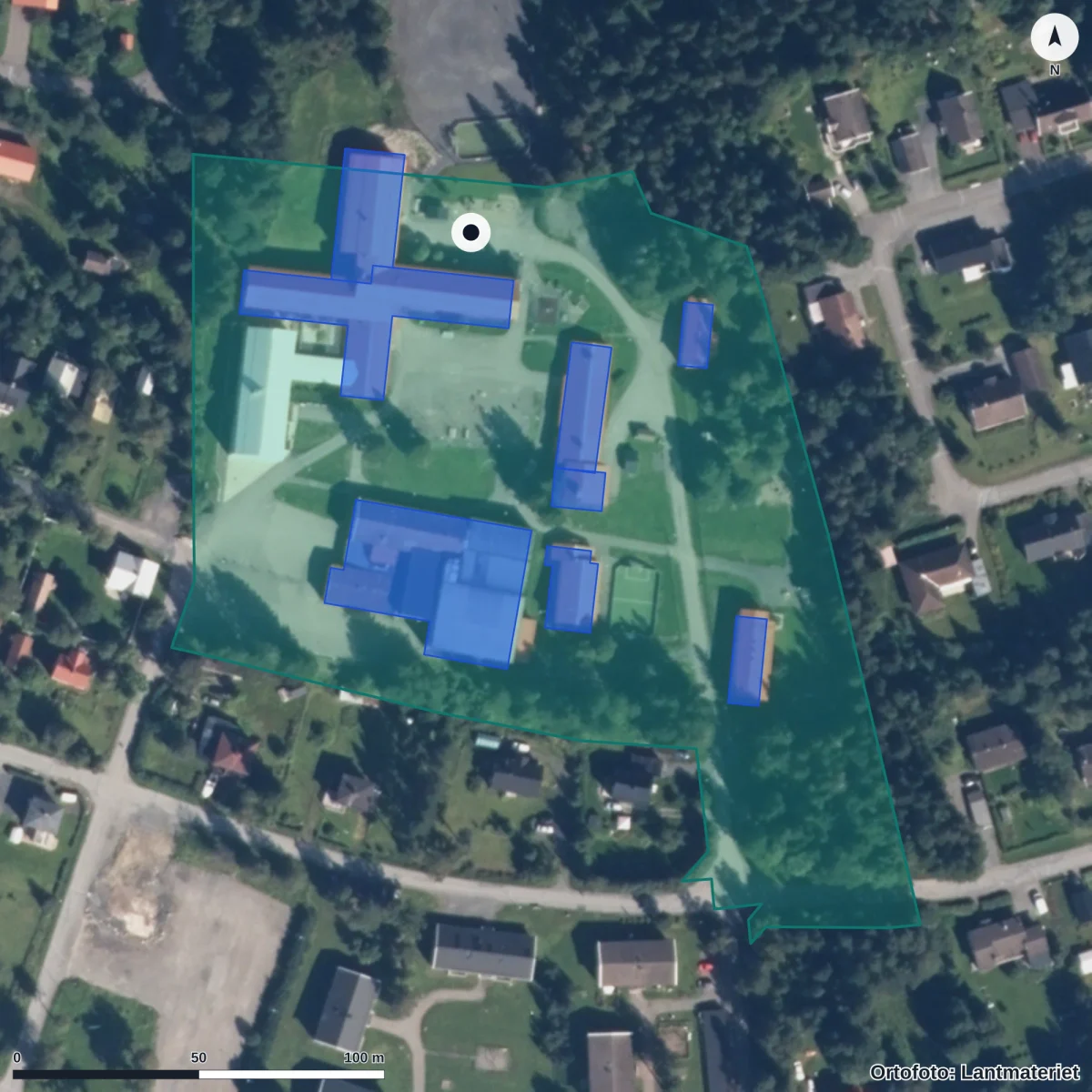 Flygbild över Mörsils skola, ortofoto från Lantmäteriet