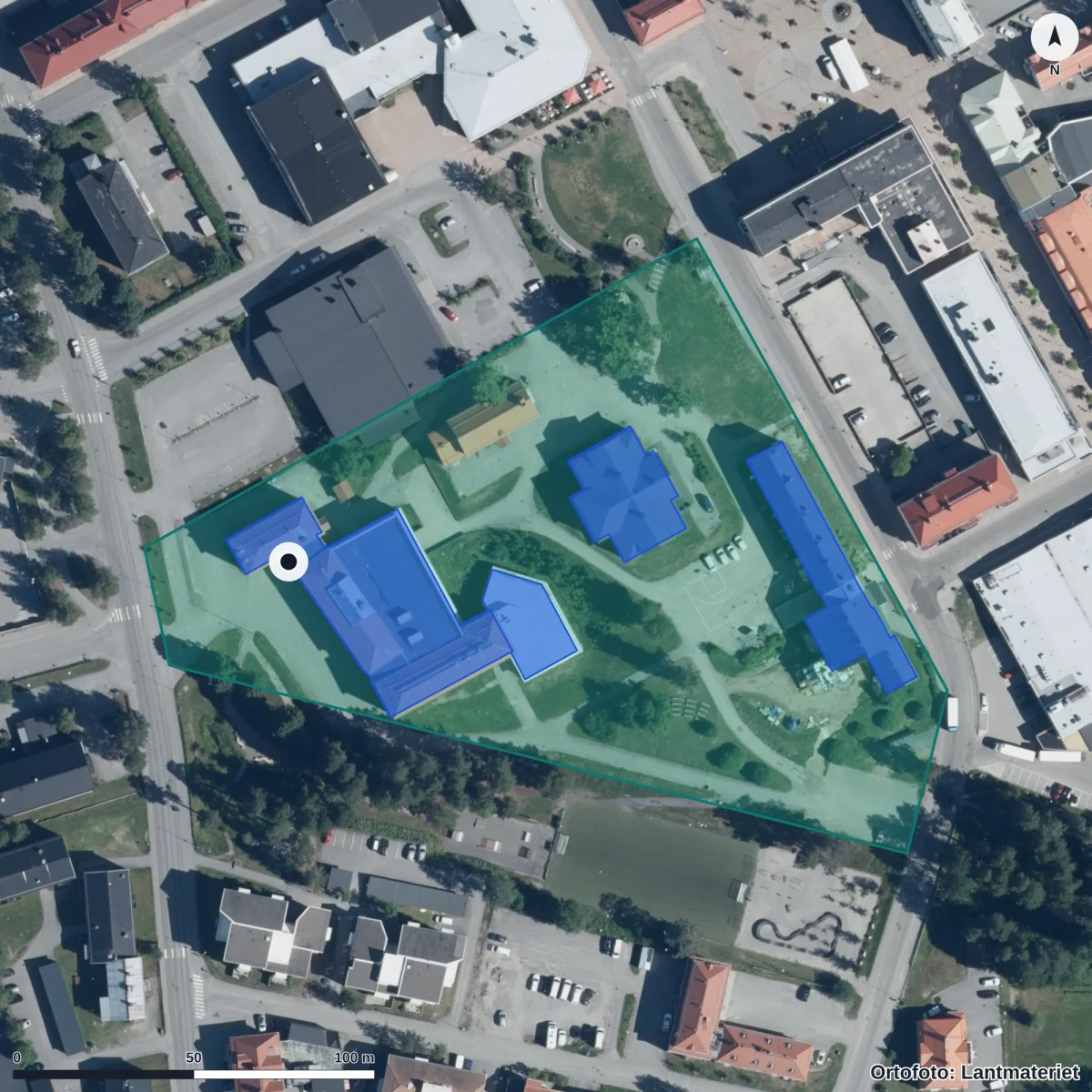 Aerial view of Finnbacksskolan, orthophoto from Lantmäteriet