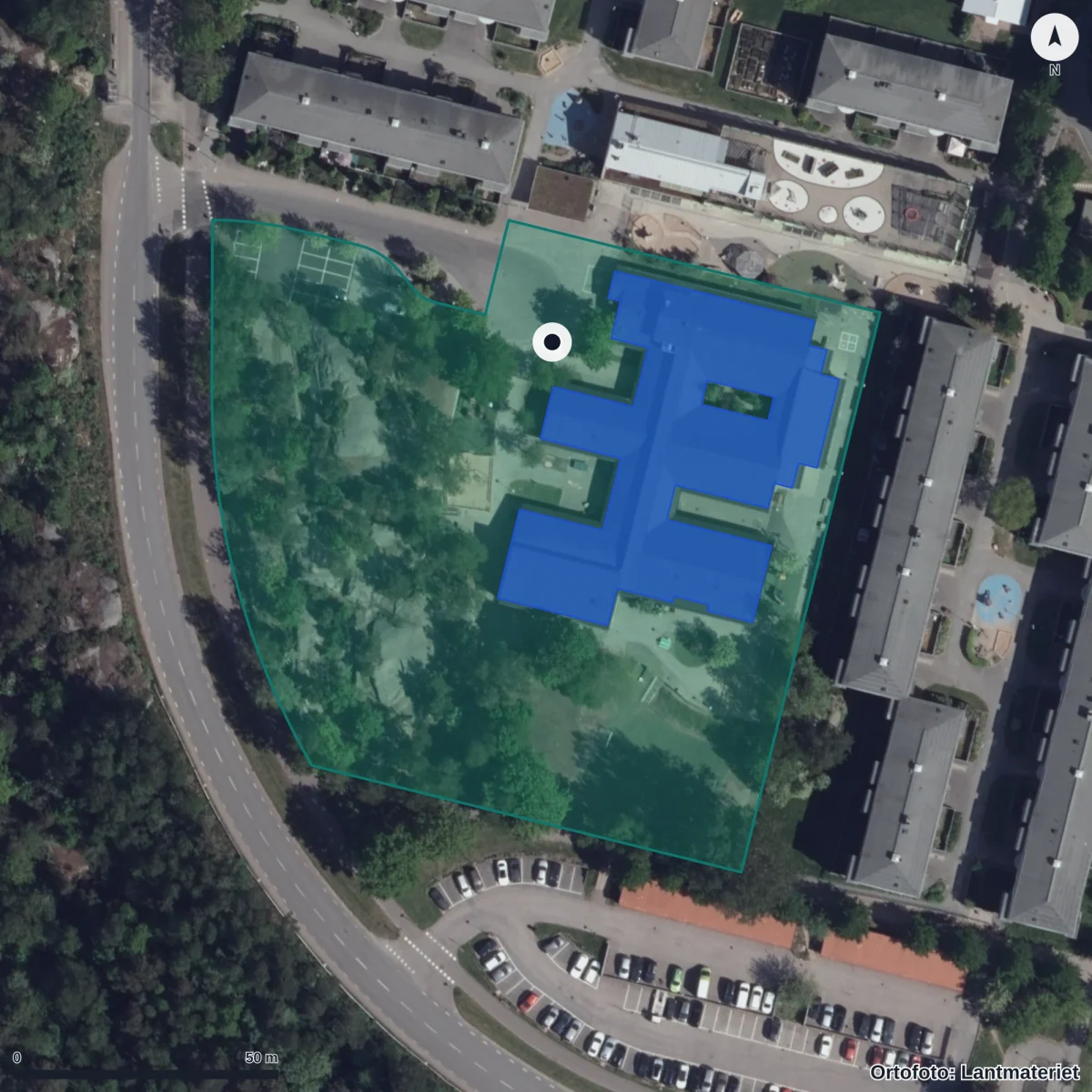 Flygbild över Rävebergsskolan, ortofoto från Lantmäteriet
