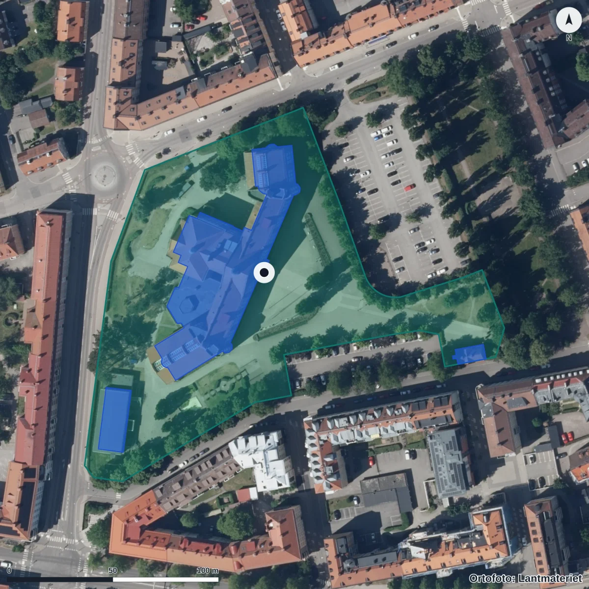 Aerial view of Katedralskolan, orthophoto from Lantmäteriet
