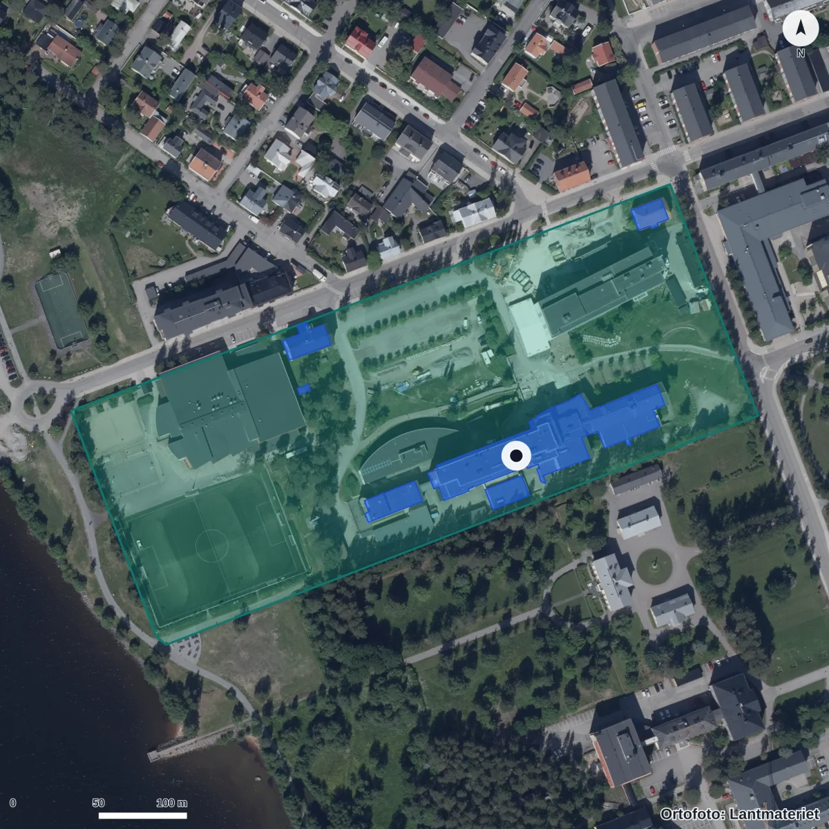 Flygbild över Luleå Gymnasieskola, ortofoto från Lantmäteriet