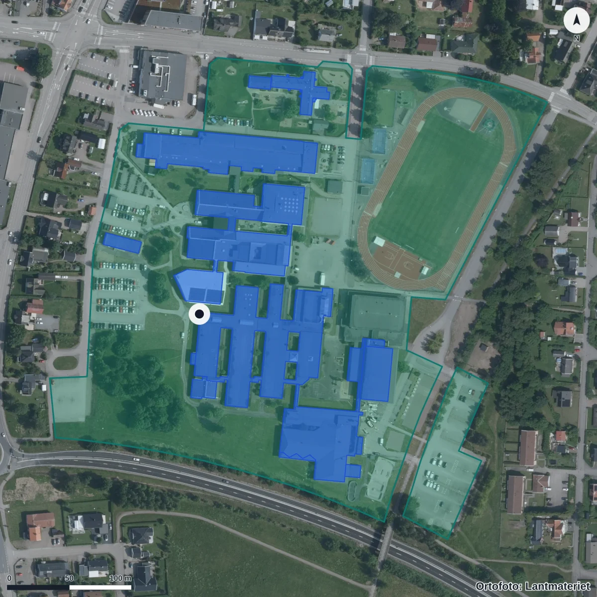 Aerial view of Centrumskolan Lagaholm, orthophoto from Lantmäteriet