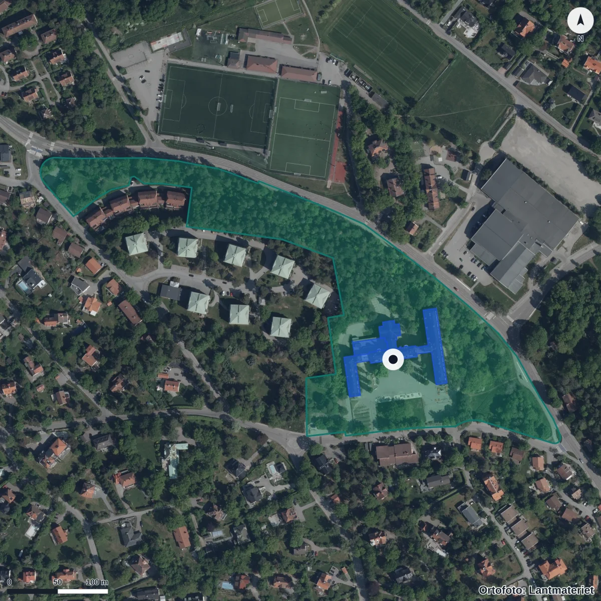 Aerial view of Viktor Rydberg Samskola Djursholm, orthophoto from Lantmäteriet