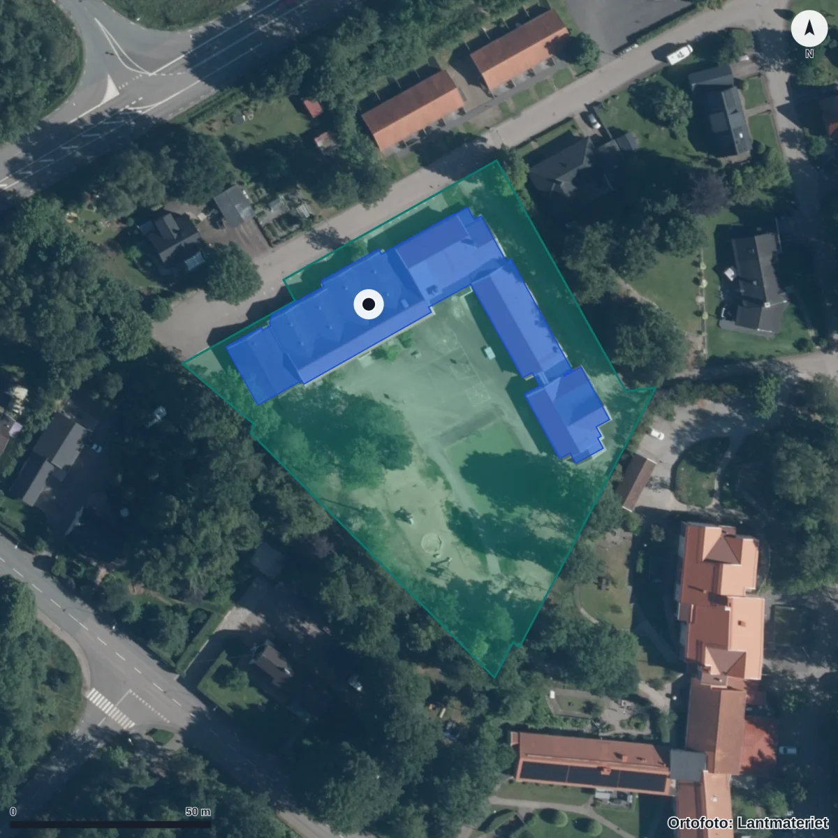 Flygbild över Mårdenskolan, ortofoto från Lantmäteriet