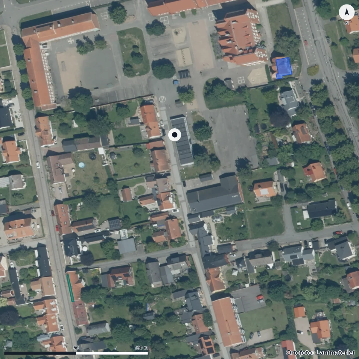 Flygbild över Rönnowskolan, ortofoto från Lantmäteriet