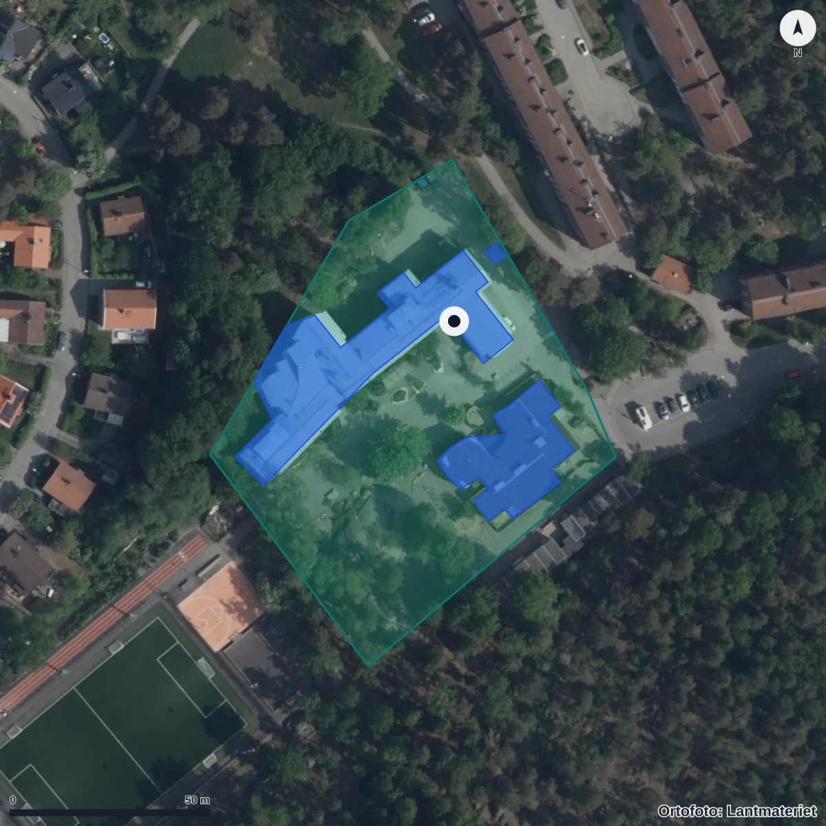 Aerial view of Martinskolan Söders Waldorfskola, orthophoto from Lantmäteriet
