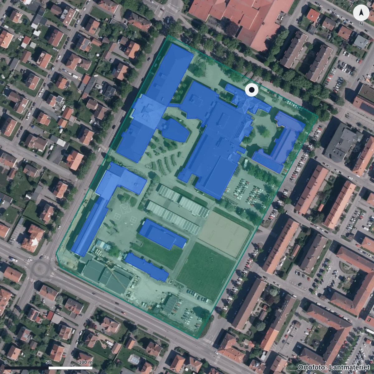 Aerial view of De la Gardiegymnasiet, orthophoto from Lantmäteriet