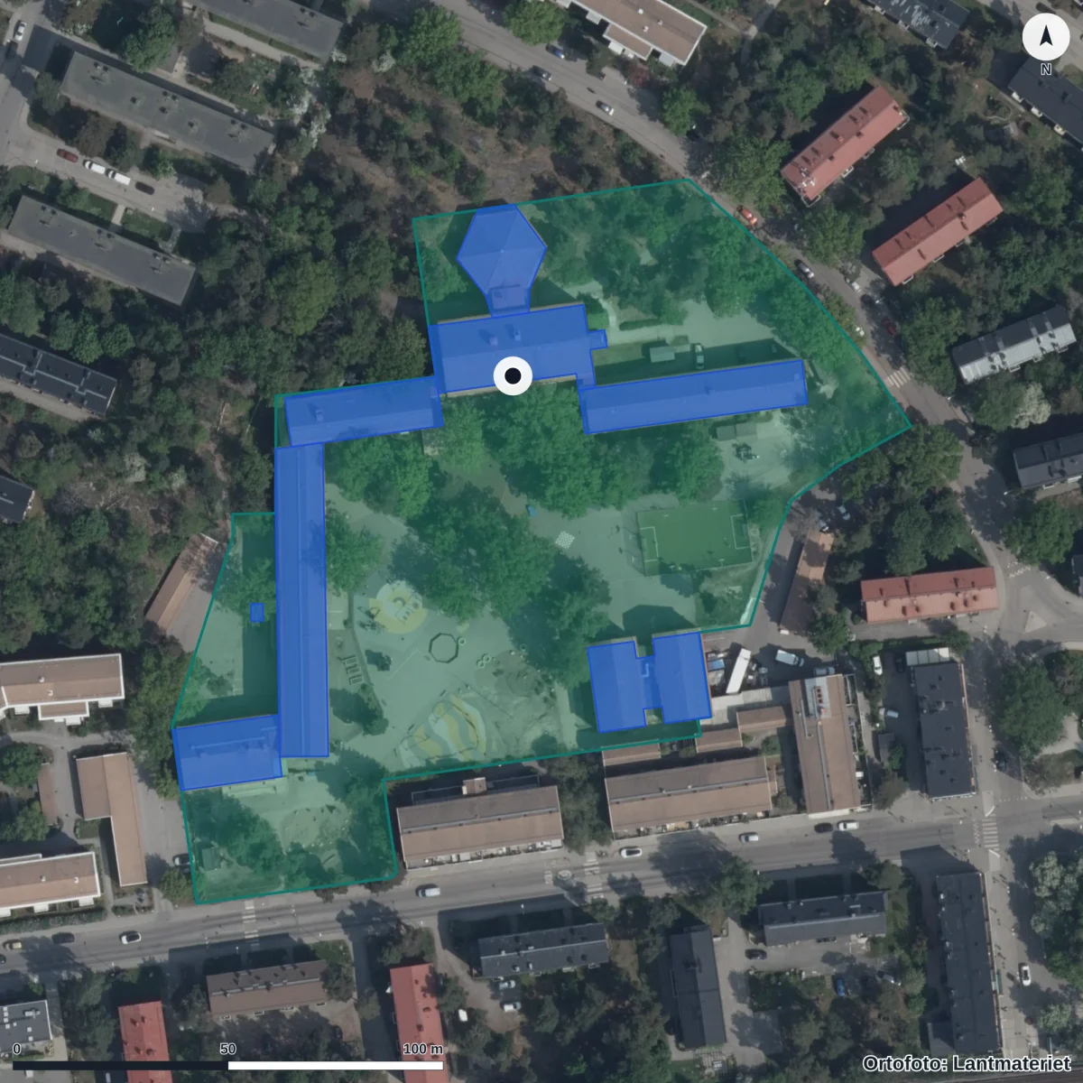 Aerial view of Kristna skolan, orthophoto from Lantmäteriet