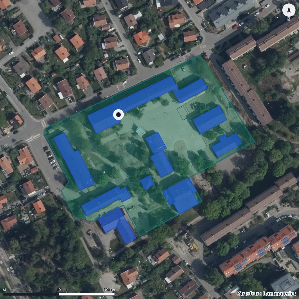 Aerial view of Tallkrogens skola, orthophoto from Lantmäteriet