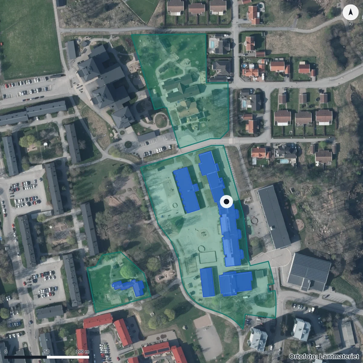 Flygbild över Norrbyskolan, ortofoto från Lantmäteriet