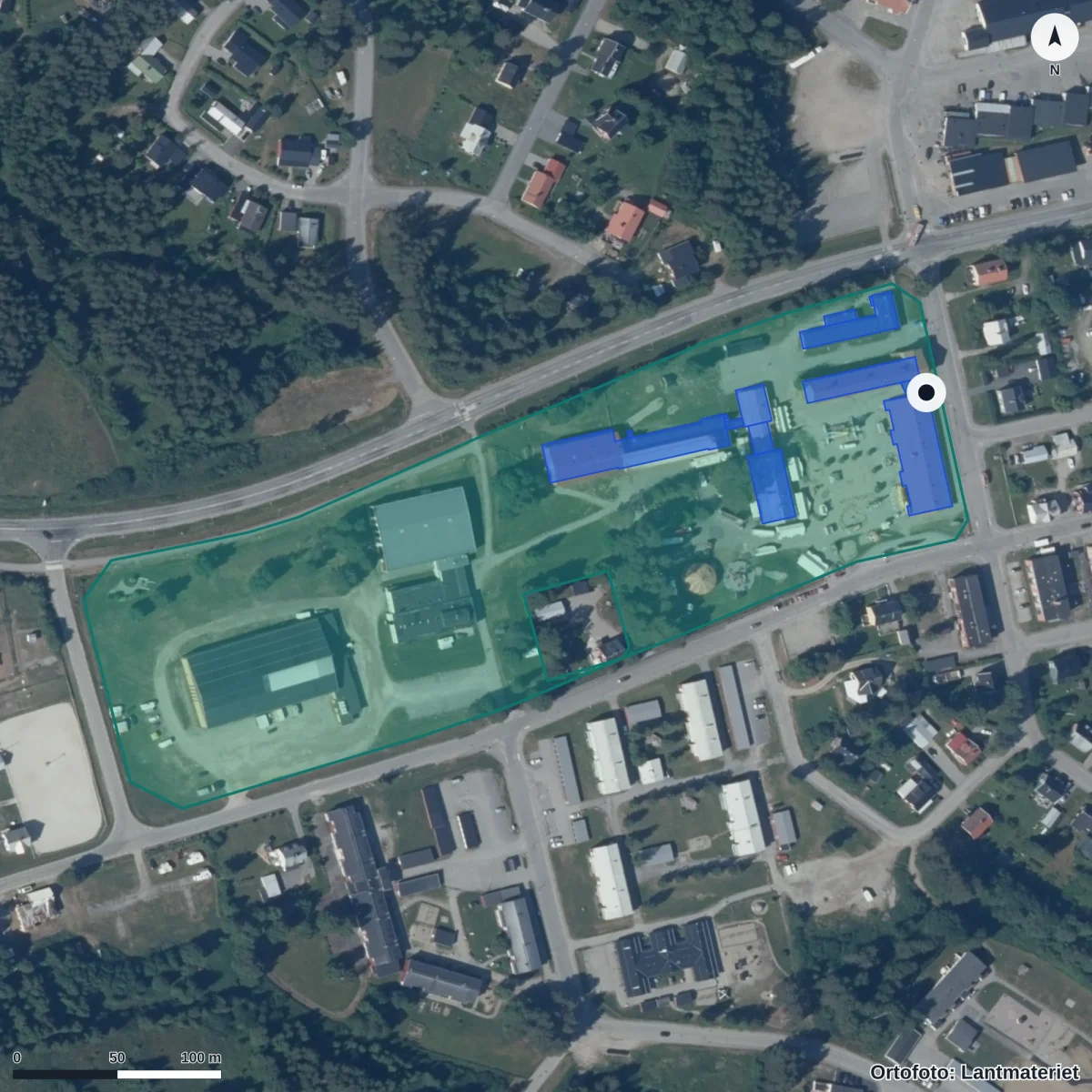 Aerial view of Åsele Centralskola, orthophoto from Lantmäteriet
