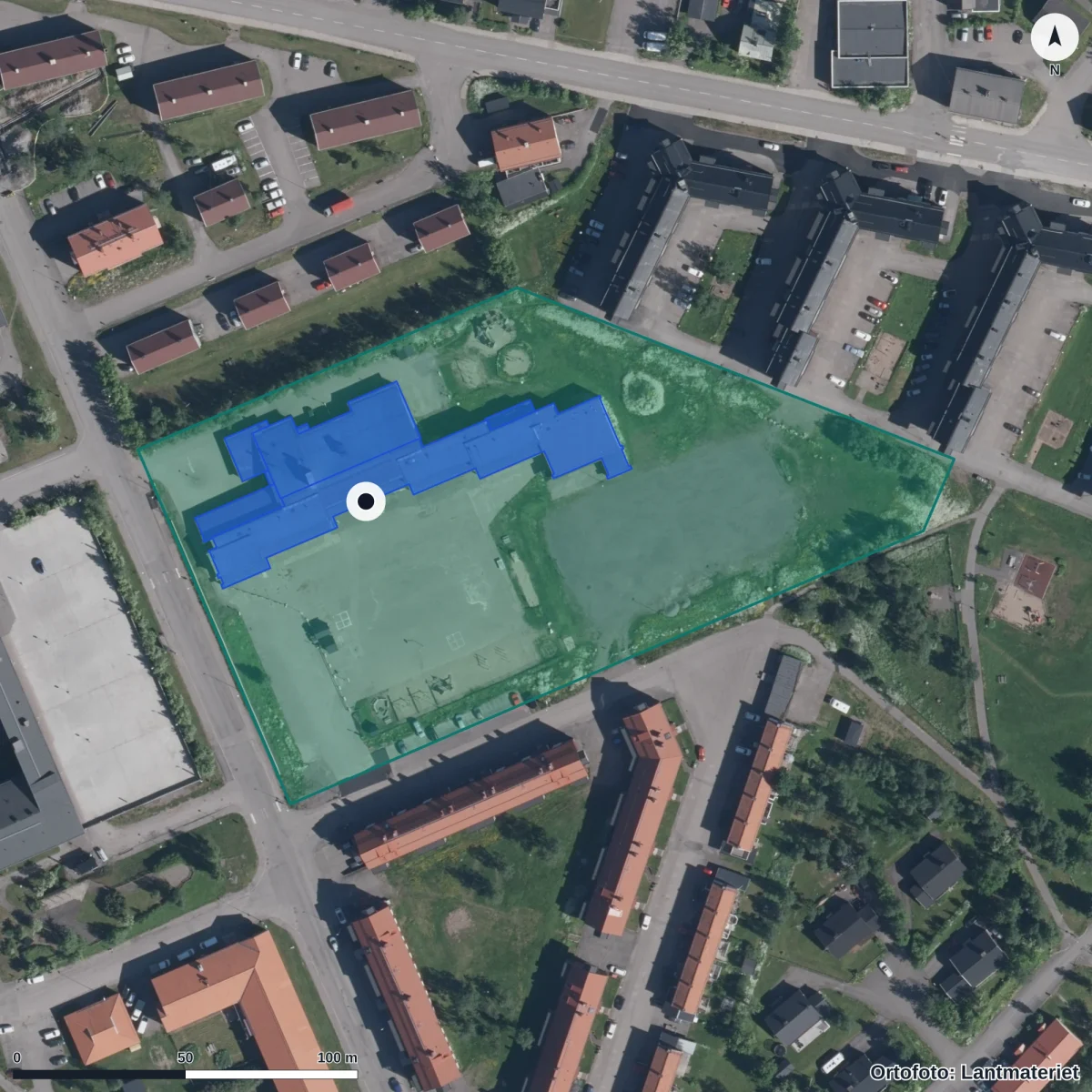 Flygbild över Triangelskolan, ortofoto från Lantmäteriet