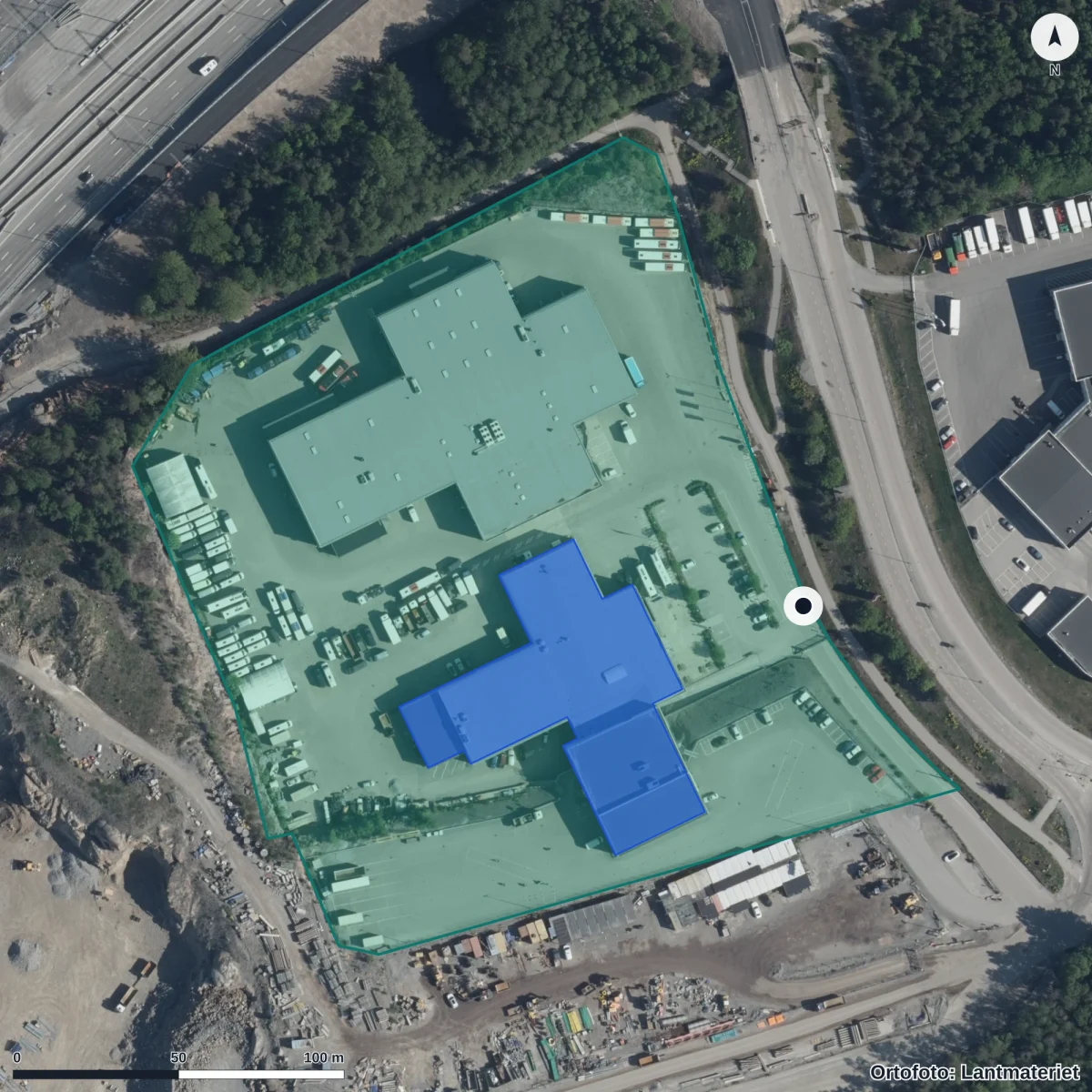 Flygbild över Sthlm Transp&Fordon, ortofoto från Lantmäteriet