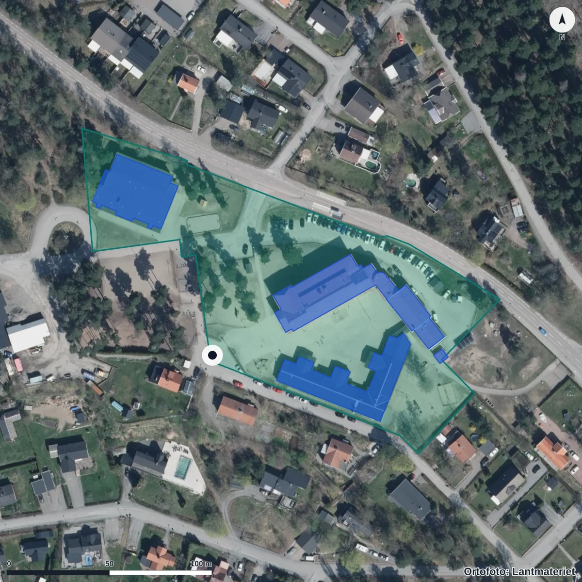 Aerial view of Hällby skola, orthophoto from Lantmäteriet