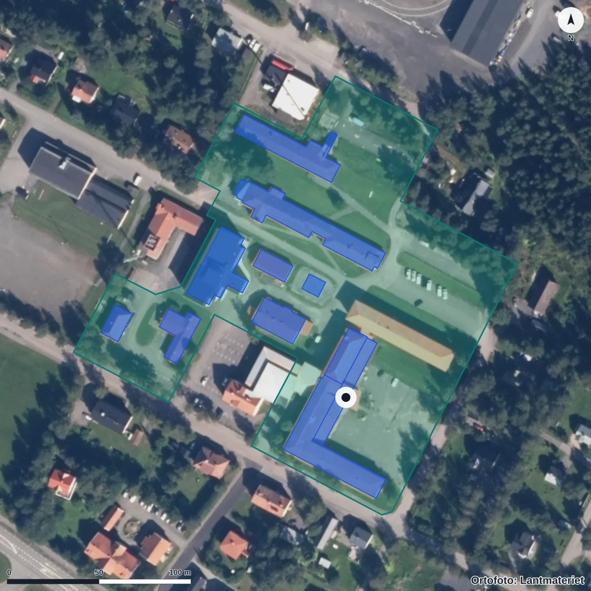 Flygbild över Jämtlands Gymnasium Åre, ortofoto från Lantmäteriet