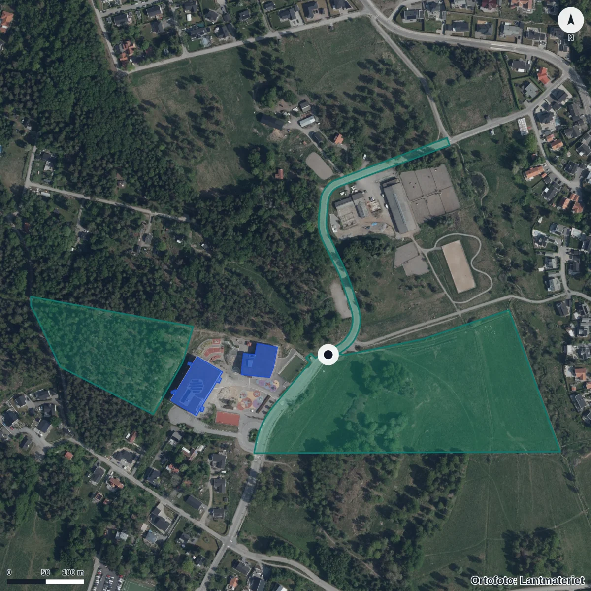 Aerial view of Glömstaskolan, orthophoto from Lantmäteriet