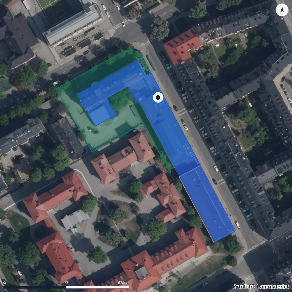 Aerial view of NTI Handelsgymnasiet Stockholm, orthophoto from Lantmäteriet